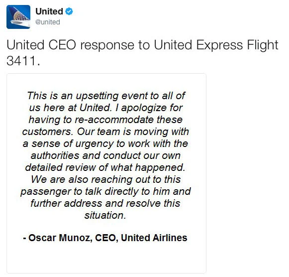 The widely mocked initial statement from United CEO Oscar Munoz using the euphemism 're-accommodate' to describe the forced removal.