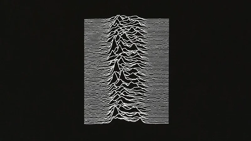 The original Joy Division Unknown Pleasures (1979) cover art, featuring Peter Saville's visualization of pulsar CP 1919 radio emissions.