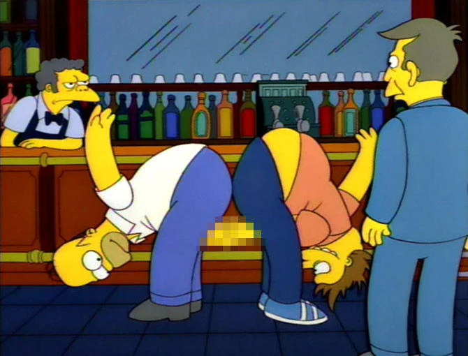 A classic Simpsons gag where a between-the-legs handshake is pixelated to look obscene, exemplifying Unnecessary Censorship.