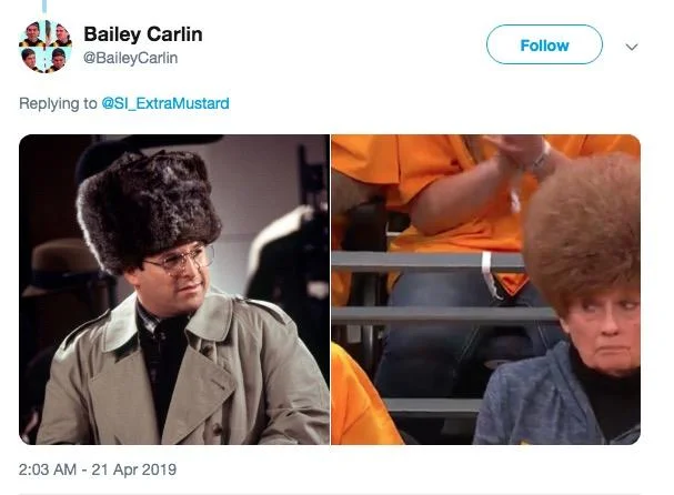 Bailey Carlin's side-by-side tweet likening the Jazz fan's bouffant to George Costanza's Russian fur hat from Seinfeld.