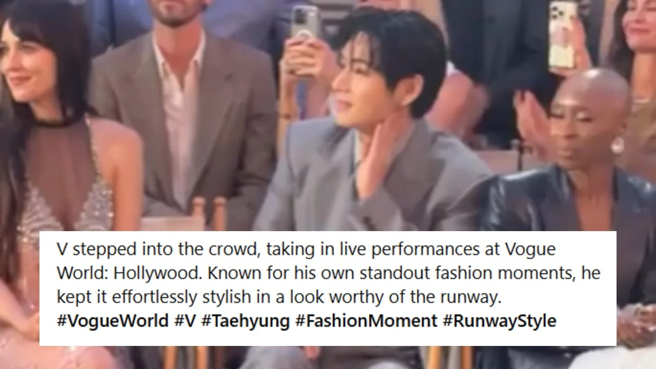The source image showing V at Vogue World Hollywood with the viral caption that spawned the meme.