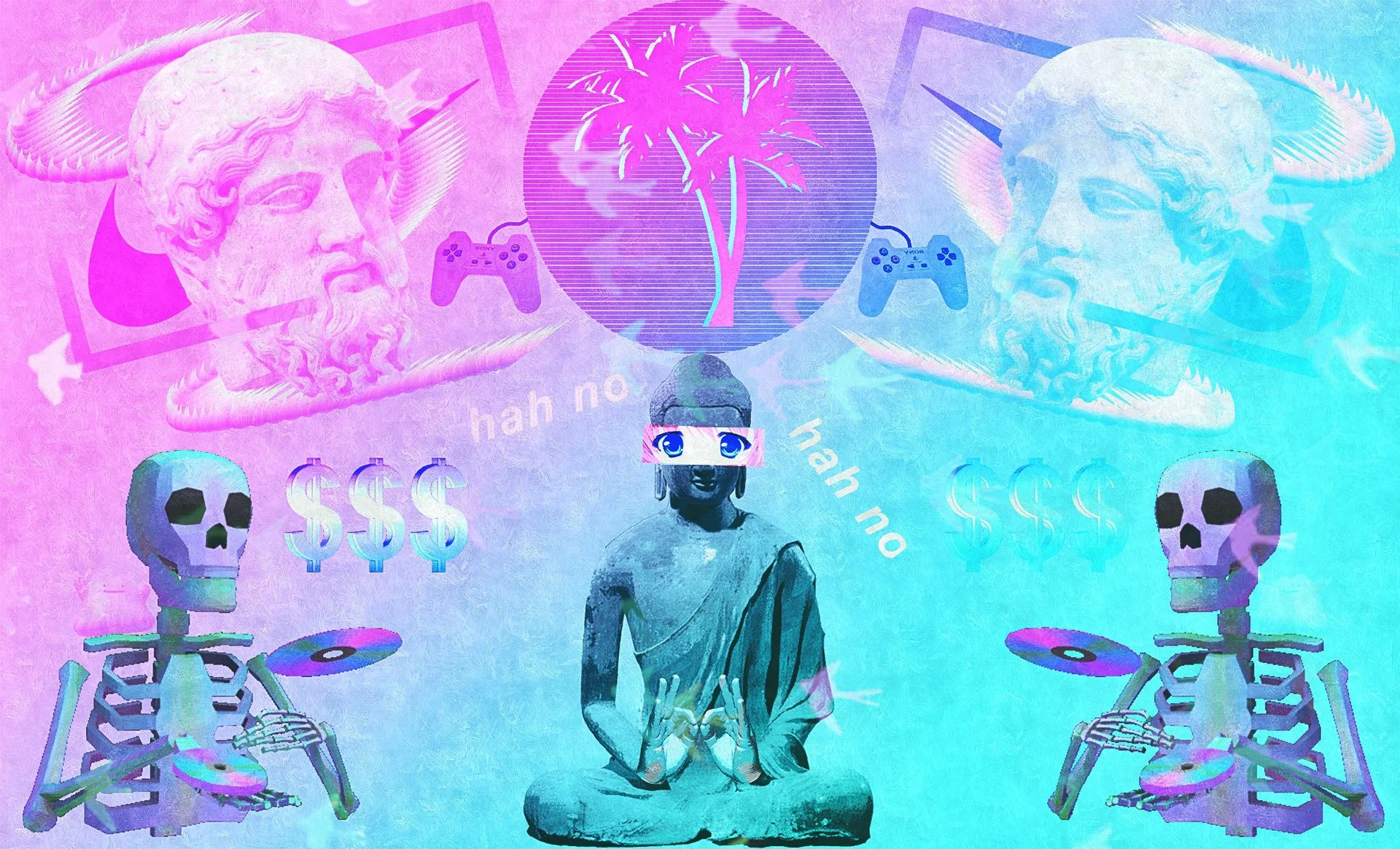 A collage featuring many of the recurring visual motifs of the vaporwave aesthetic: classical statues, retro consumer electronics, palm trees and the pastel pink-and-cyan color palette.
