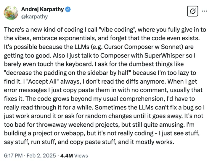 Canonical source document of vibe coding meme.
