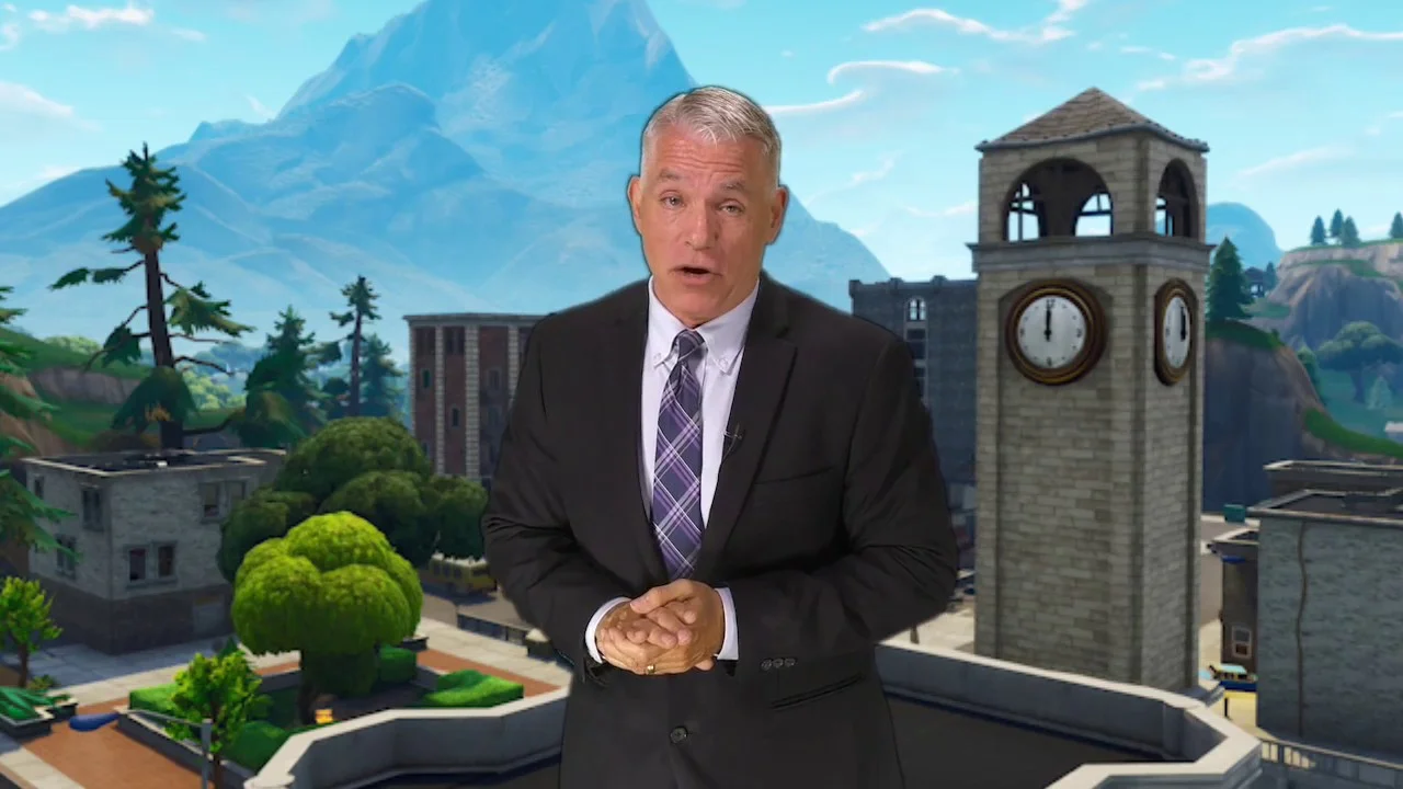 The signature screengrab of 'VoiceoverPete' delivering a greenscreen voiceover with a Fortnite backdrop composited behind him.
