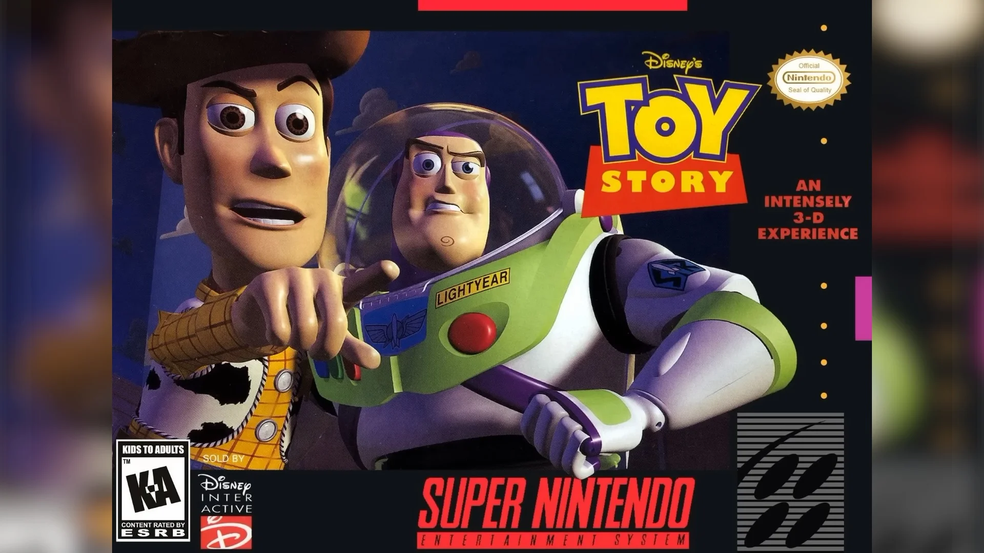 The 1996 Super Nintendo Entertainment System cover art for Disney's Toy Story, featuring Woody and Buzz Lightyear.