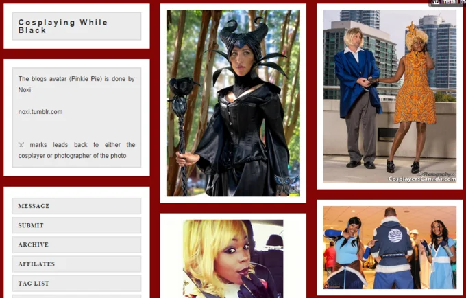 Screenshot of the 'Cosplaying While Black' Tumblr, an example of the broader 'While Black' meme format highlighting everyday activities racialized for Black people.