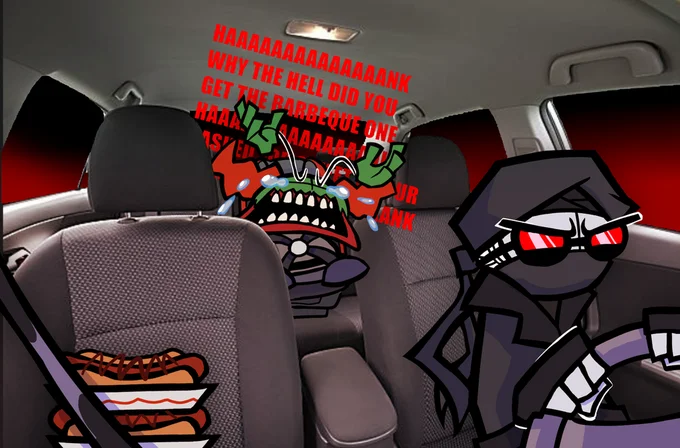 A stylized cartoon parody of the 'Walt screaming in a car' meme, replacing the characters with monstrous illustrations while keeping the sweet-and-sour vs. barbeque rant.