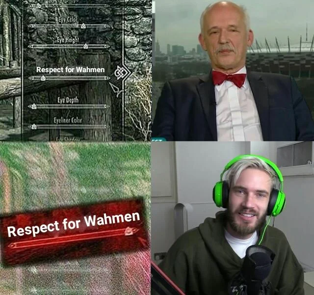 A collage meme pairing PewDiePie, Janusz Korwin-Mikke, and Skyrim imagery to joke about the rarity of 'Respect for Wahmen'.