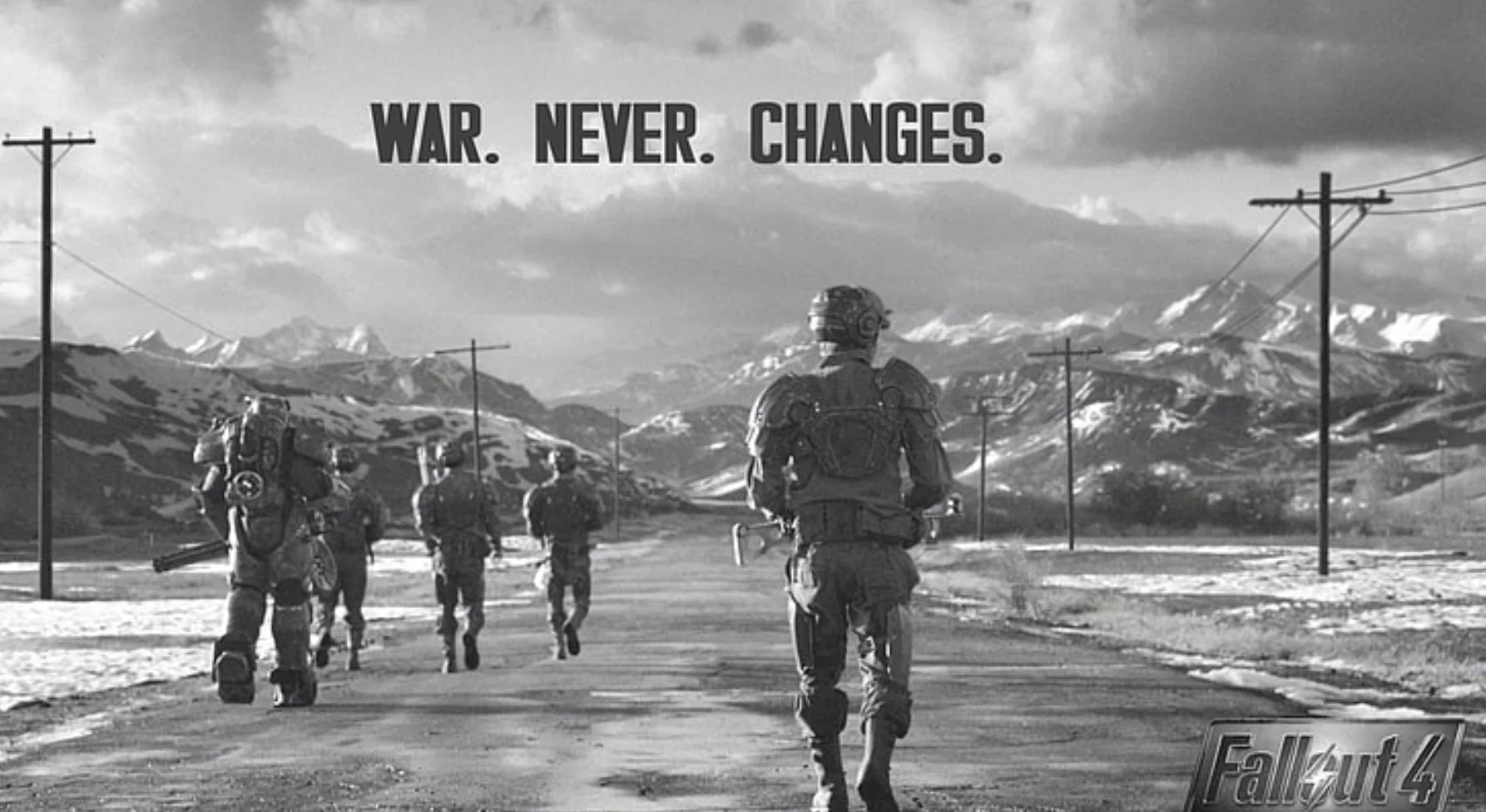 Official Fallout 4 key art featuring the franchise's signature tagline 'War. Never. Changes.', the source of the meme.