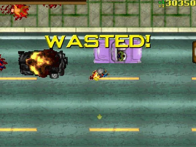The original 'WASTED!' death notification as it appeared in the 1997 top-down Grand Theft Auto game, the earliest version of the meme's source phrase.