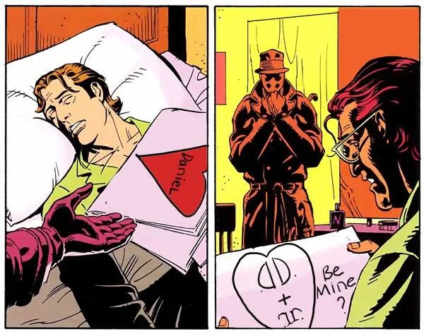 A humorous shipping edit of Watchmen panels featuring Rorschach delivering a valentine to Nite Owl.