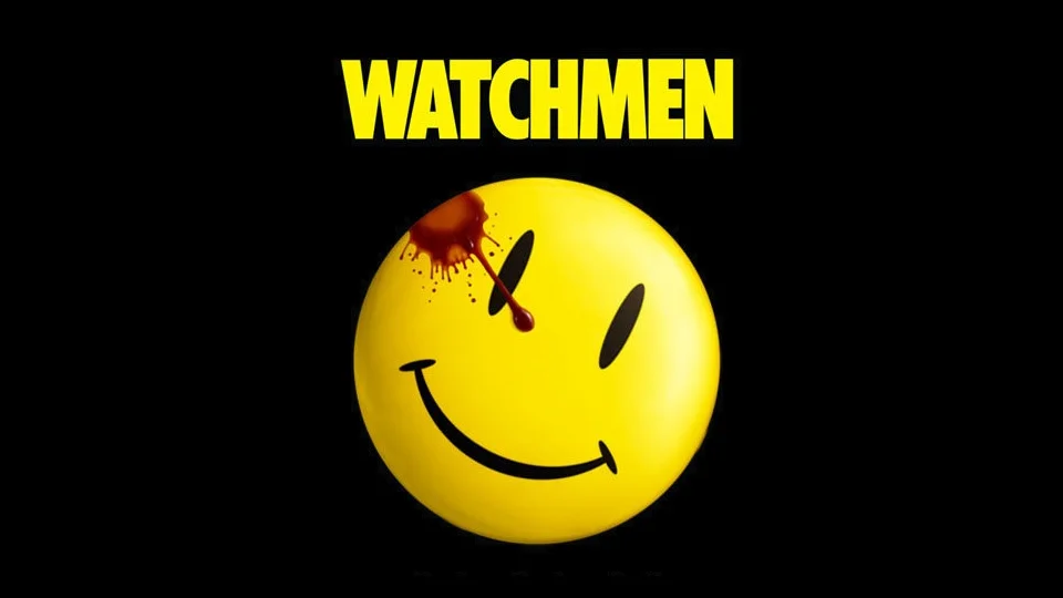 The signature Watchmen imagery combining the title with the blood-stained smiley face button, a central visual motif of the series.