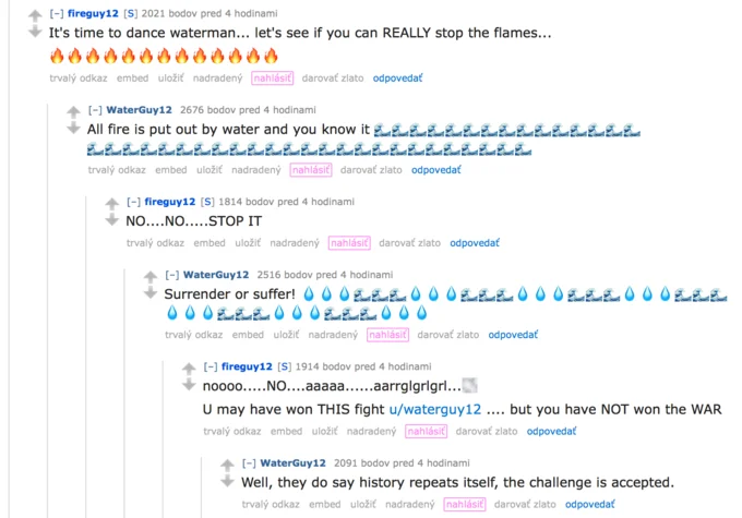 The famous fire-vs-water emoji battle between u/FireGuy12 and u/WaterGuy12 that captivated r/me_irl.