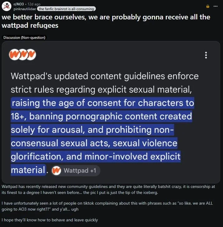 An r/AO3 Reddit post warning users of an incoming wave of 'Wattpad refugees' following the platform's stricter content policies.