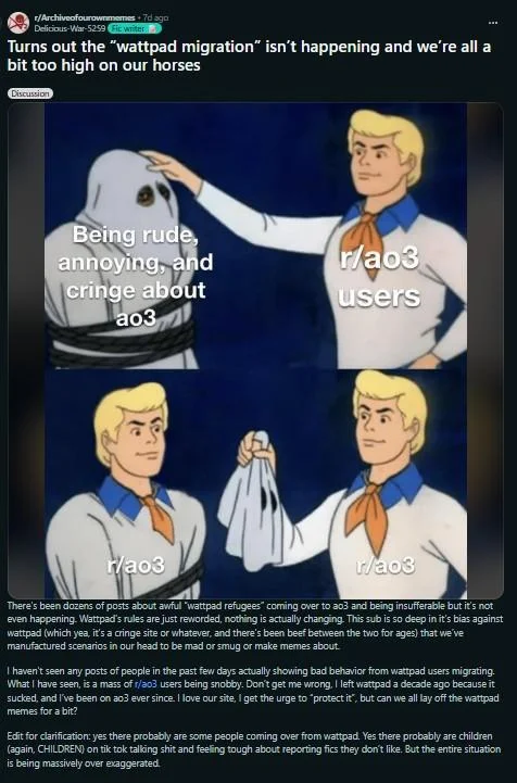 A counter-perspective Reddit post arguing the Wattpad migration is overblown, using the Scooby-Doo mask-reveal meme format.