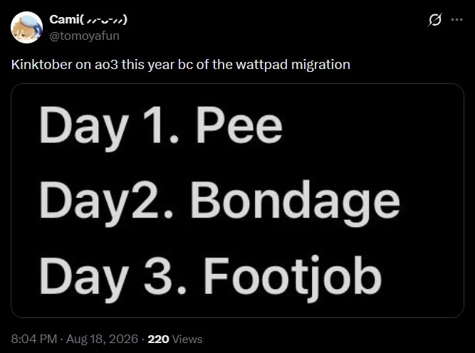 A humorous tweet imagining an escalated Kinktober prompt list on AO3 in response to the Wattpad migration.