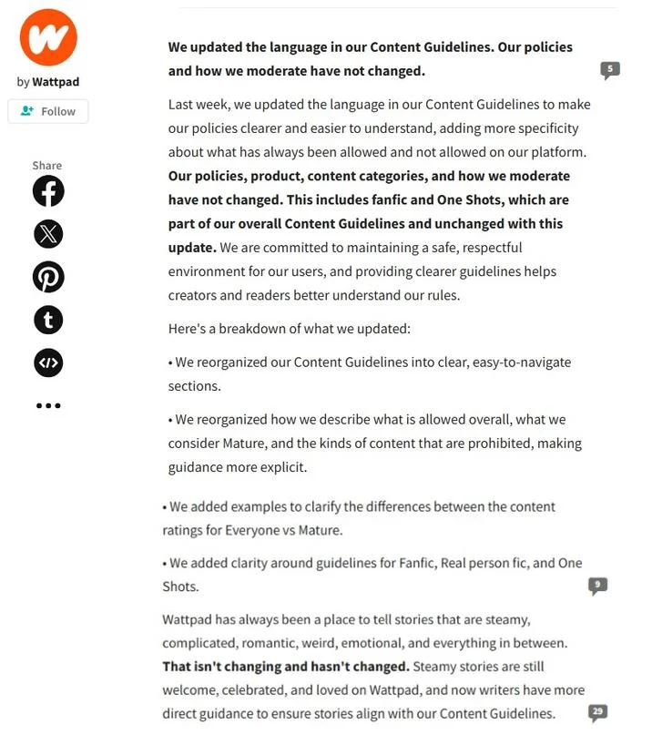 Wattpad's official response clarifying that their content policies remain unchanged despite the updated guideline language that sparked the migration.