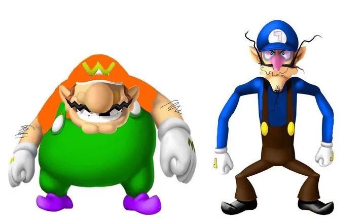 A fan-made chart placing Wawario and Wawaluigi in a three-axis 'Wa' character taxonomy alongside Mario, Luigi, Wario and Waluigi.