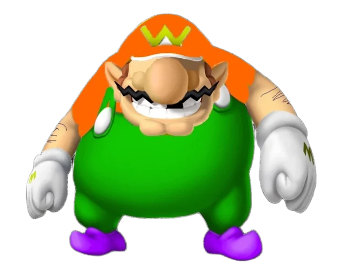 An annotated meme edit of Wawaluigi with the caption 'is smiling through the pain'.