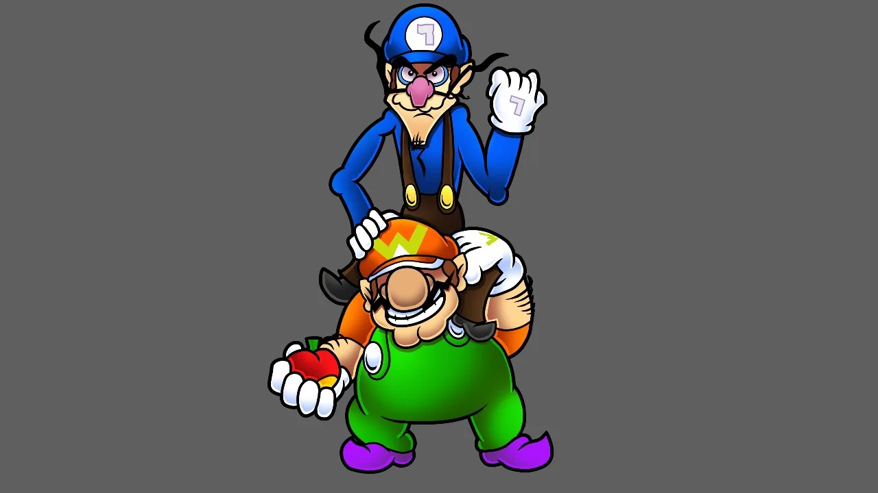 Cover art depicting the Wawario and Wawaluigi duo, exaggerated 'wa'-prefixed versions of Wario and Waluigi.