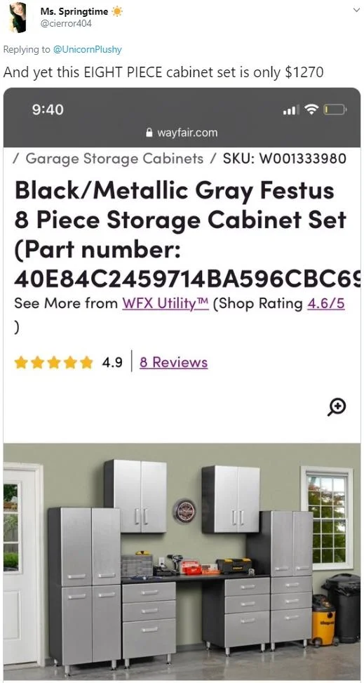 Debunking tweet about realistic cabinet prices.