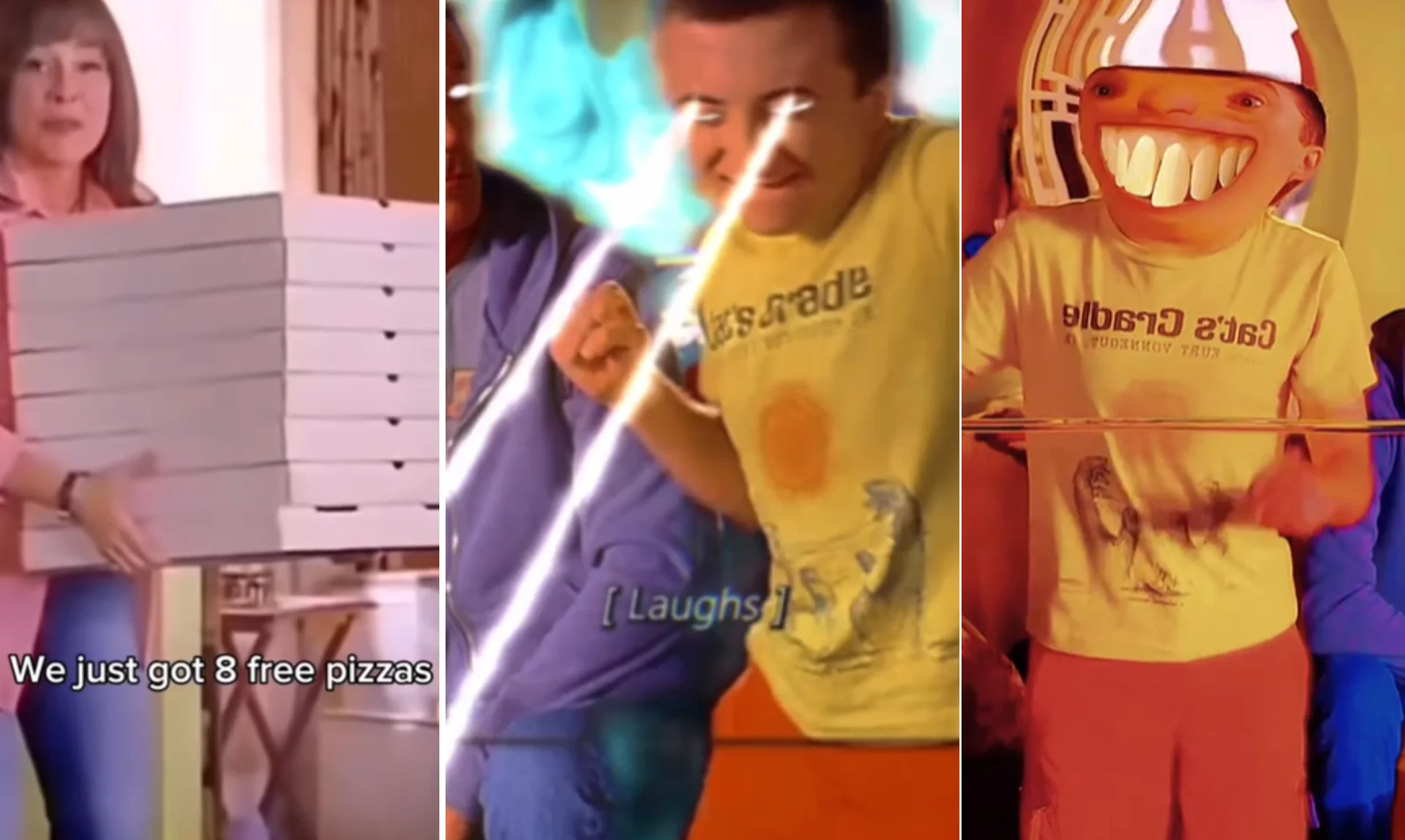 Cover collage for the 'We Just Got 8 Free Pizzas' meme, pairing the original TikTok pizza clip with the surreal 'schizophrenic' edits it spawned.
