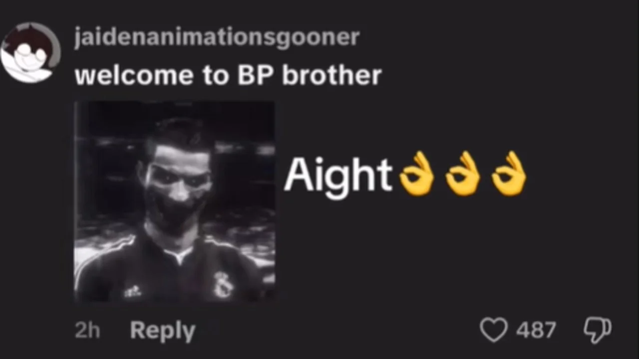 The TikTok comment exchange that popularized the 'Welcome to BP Brother' meme, featuring an unsettling edit of Cristiano Ronaldo.