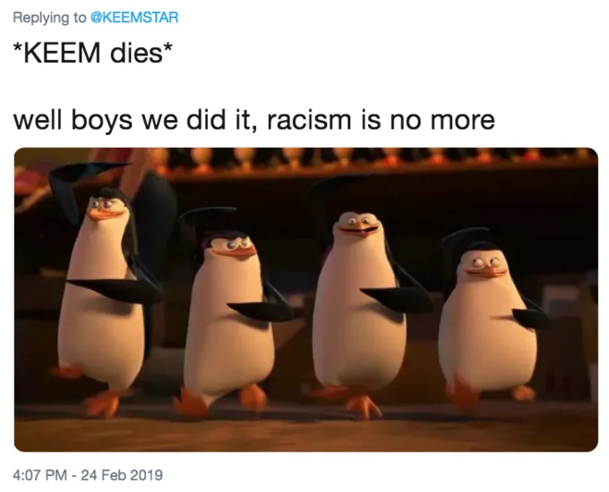 A 2019 tweet replying to YouTuber Keemstar, demonstrating how the meme format was used in response to online drama.