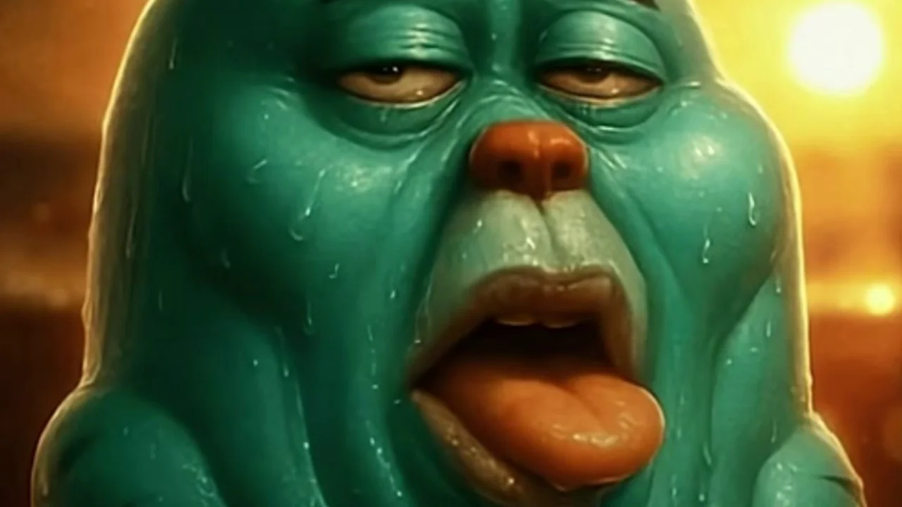 A still from the AI-generated video that popularized the 'We'll Drive a Funky Ehh' meme, showing the iconic sweaty green creature.