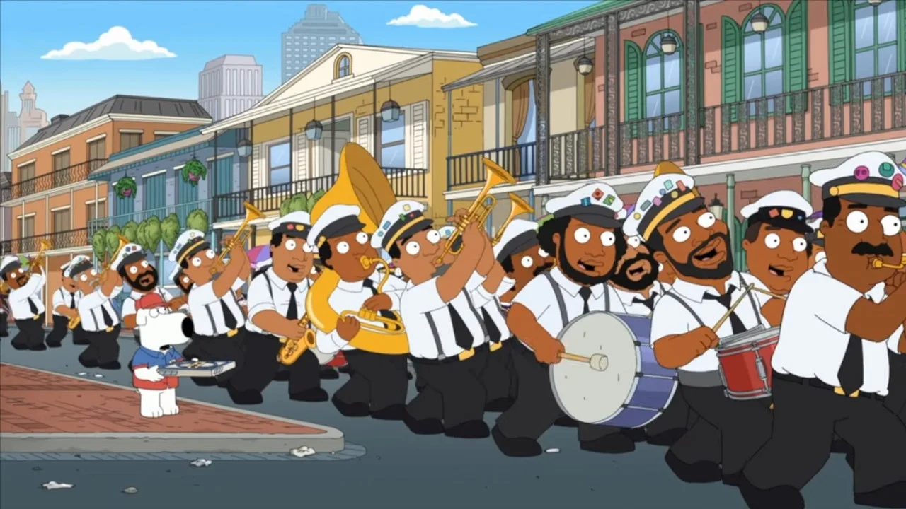 Screenshot from the Family Guy episode scene that spawned the 'We're All Just Blocking the Street' meme, showing Brian beside a New Orleans brass band.
