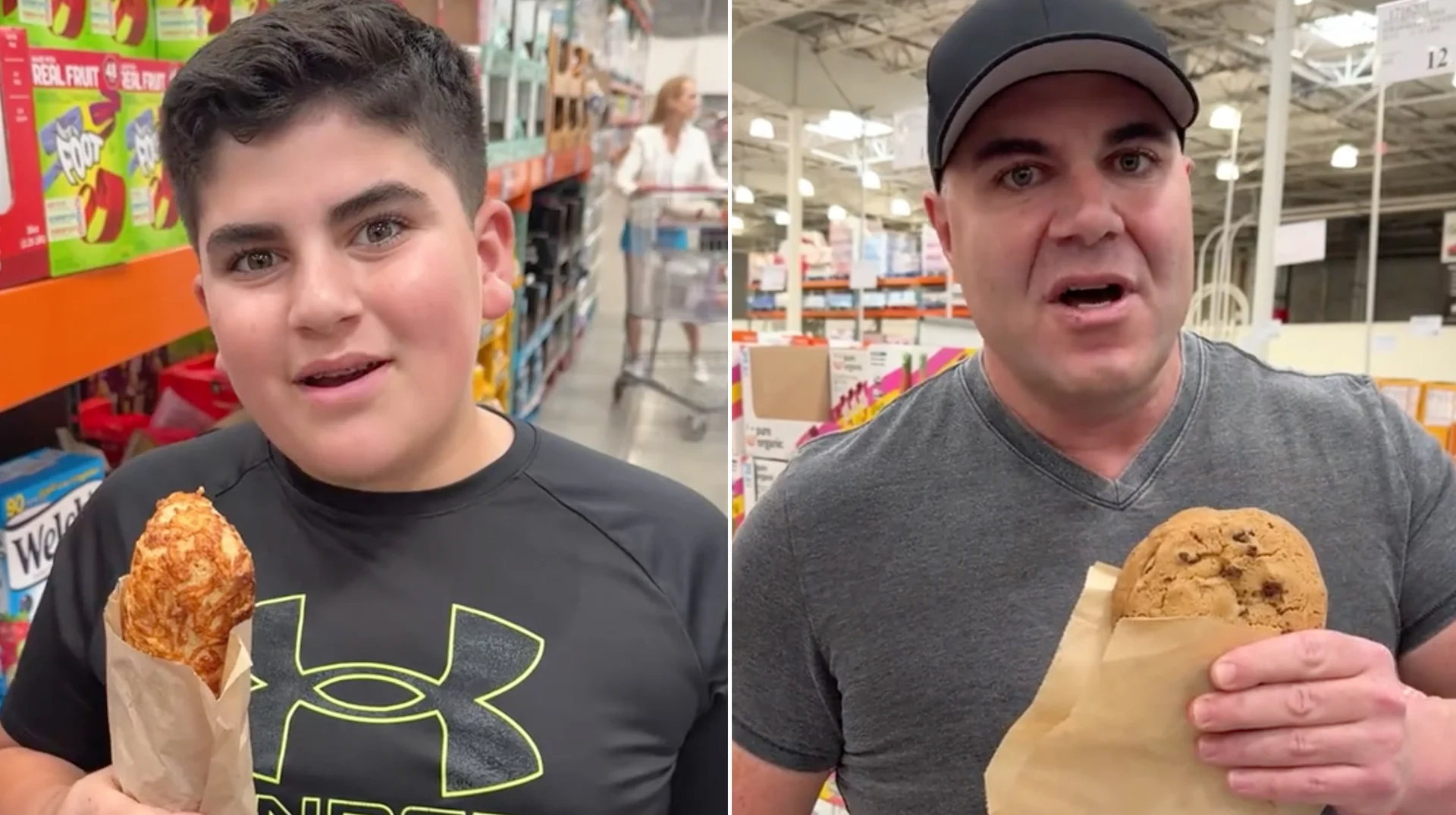 AJ and Big Justice, the father-son duo behind the viral 'We're the Costco Guys' TikTok trend, showcasing snacks from a Costco warehouse.