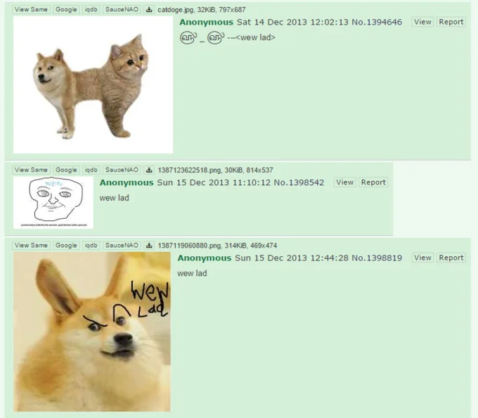 A 4chan thread from December 2013 showing early uses of the 'wew lad' expression alongside the Doge image.