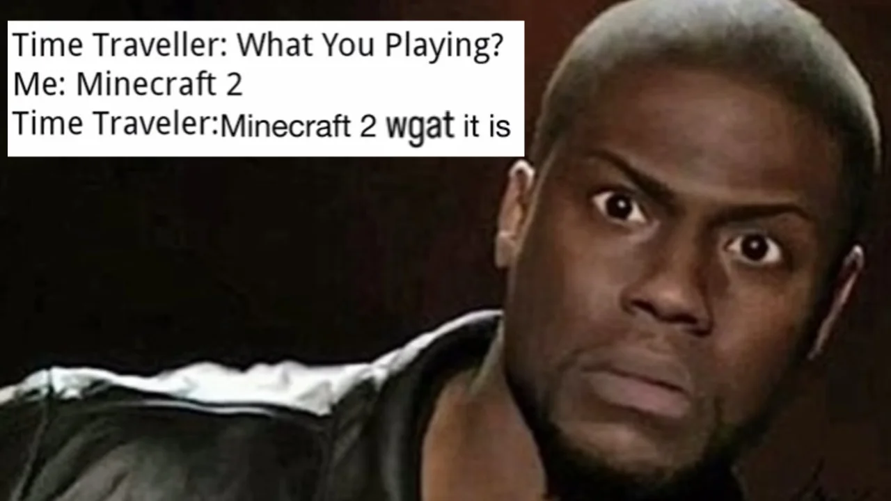 The cover image of the 'wgat it is Time Traveller' meme, featuring Kevin Hart's shocked expression alongside the iconic typo-laden dialogue.