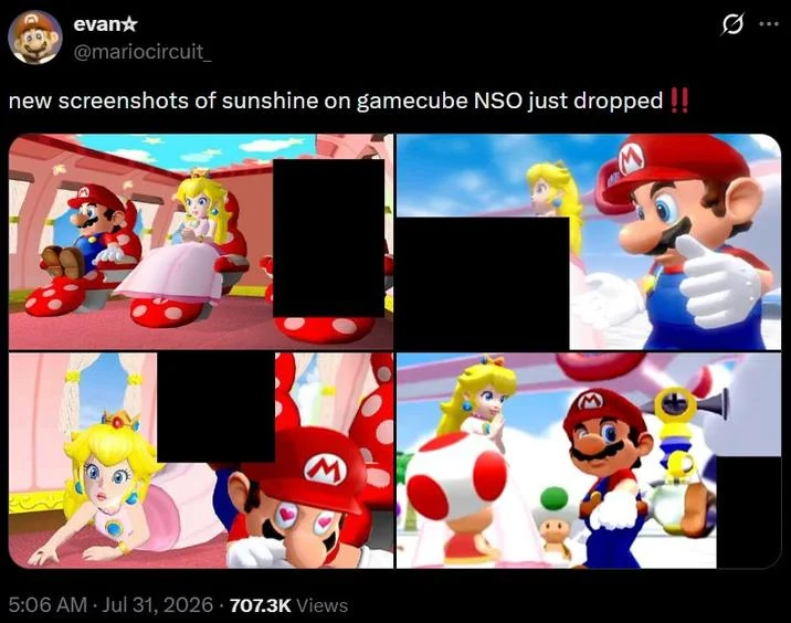A viral tweet from @mariocircuit_ jokes about 'new Sunshine screenshots' in which Toadsworth is censored out with black boxes, mocking his ongoing absence from Mario media.