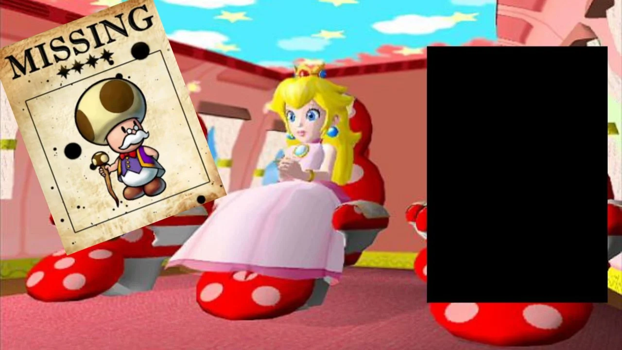 Cover image for the 'What Happened to Toadsworth? / Toadsworth Is Dead' meme, showing a MISSING poster of Toadsworth overlaid on a Super Mario Sunshine scene.