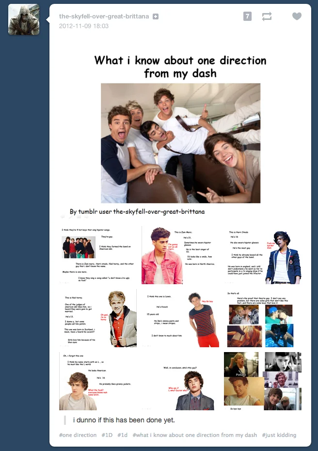A One Direction variation demonstrating how the format spread to music fandoms.