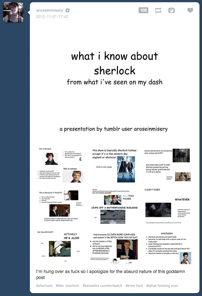 A Sherlock (BBC) variation showcasing the meme's popularity within the show's Tumblr fandom.