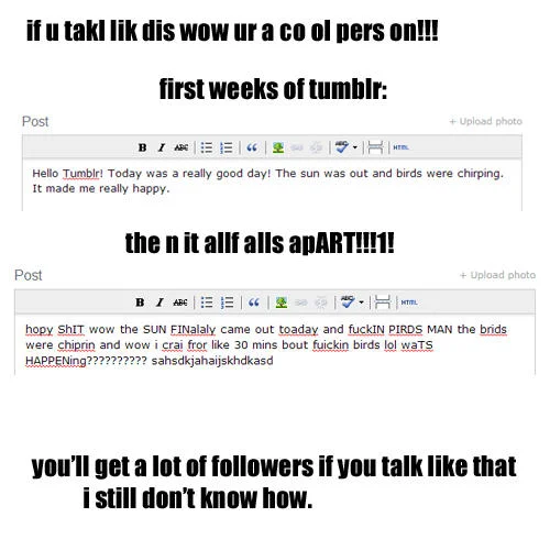 A Tumblr-specific variation commenting on how posting styles evolve on the platform.