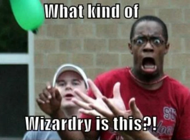 A photographic reaction image macro using the 'What kind of wizardry is this?!' phrasing.