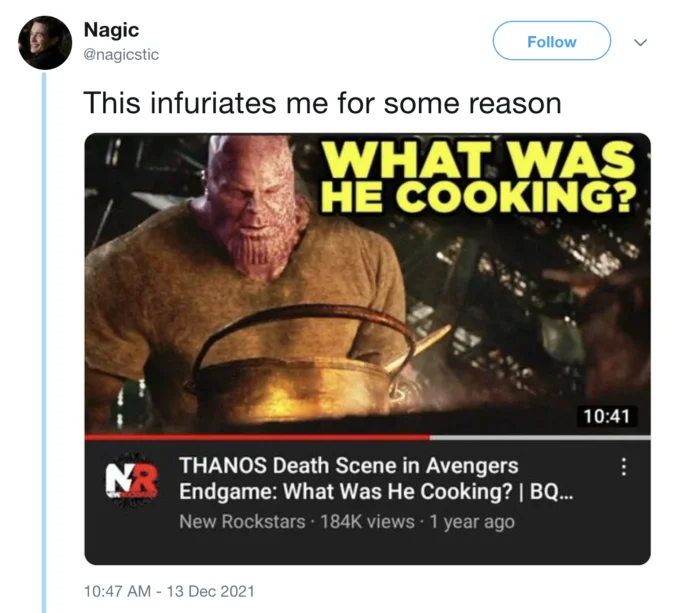 A December 2021 tweet by @nagicstic reacting to the New Rockstars YouTube video that helped popularize the phrase.