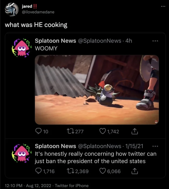 An August 2022 tweet applying the 'what was he cooking' phrase to a confusing Splatoon News post.