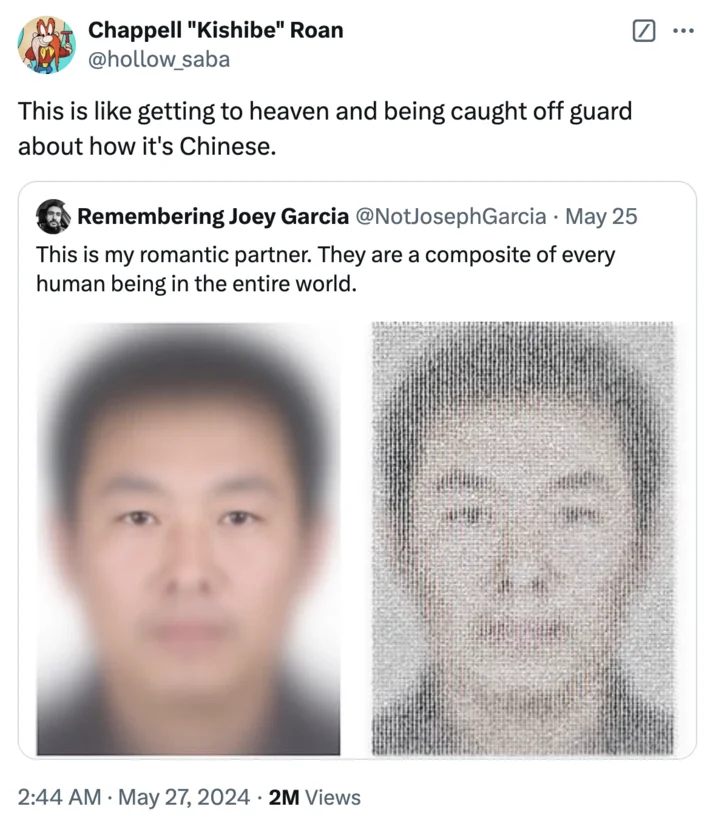 A meme reaction using the 'Chinese heaven' framing to describe a composite-of-humanity average face image.