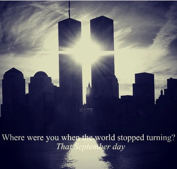 The iconic image associated with the 'Where Were You' meme, pairing a Twin Towers silhouette with lyrics from Alan Jackson's '9/11 song.'