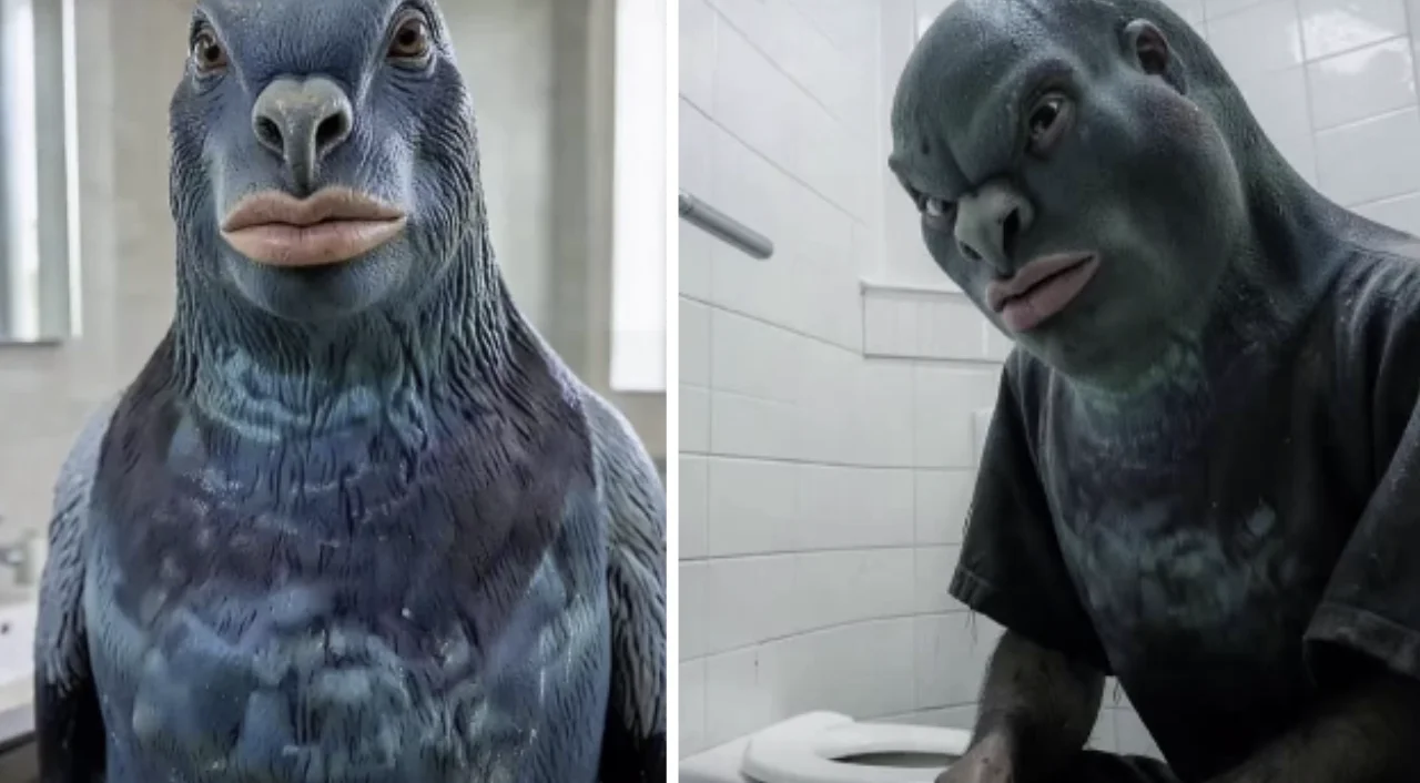 The uncanny AI-generated pigeon-human hybrids that became the visual centerpiece of the Whispering Pigeon meme.