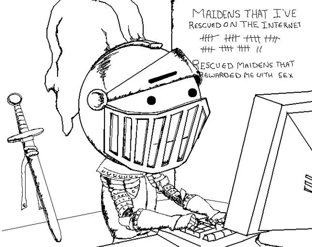 The original black-and-white line-art version of the Internet White Knight comic that spawned the meme.