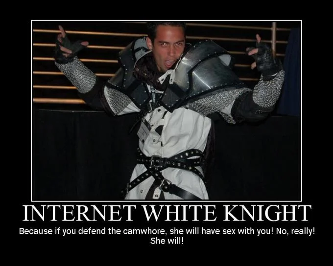 A classic demotivational poster mocking the Internet White Knight's belief that defending women online leads to romance.