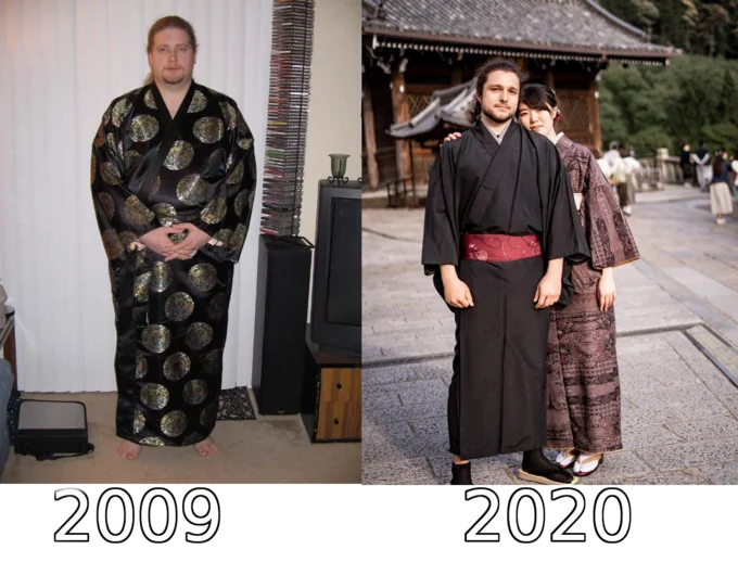 The 2009 versus 2020 side-by-side glow-up comparison of the man in the kimono that helped popularize the meme.