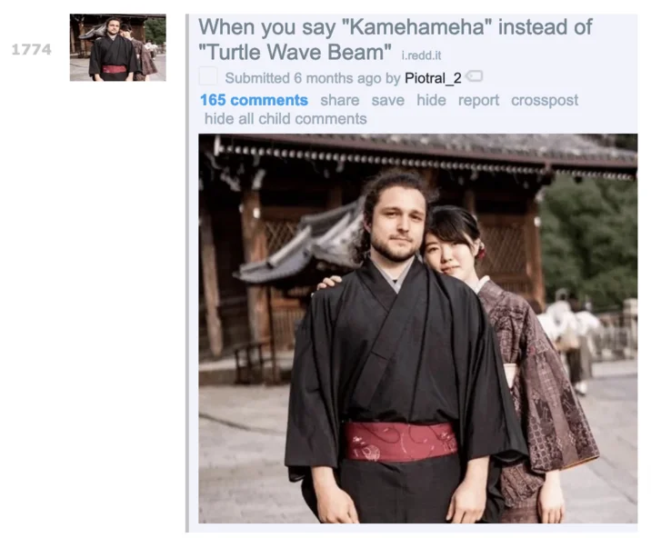 A Reddit joke about Dragon Ball terminology using the meme photo, illustrating the template's use for anime-fandom humor.