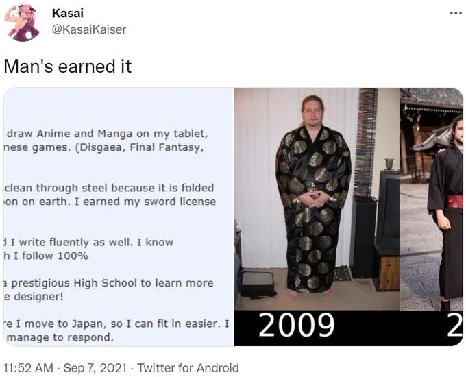 A viral tweet reacting to the story behind the man in the kimono, credited with helping the image gain traction online.