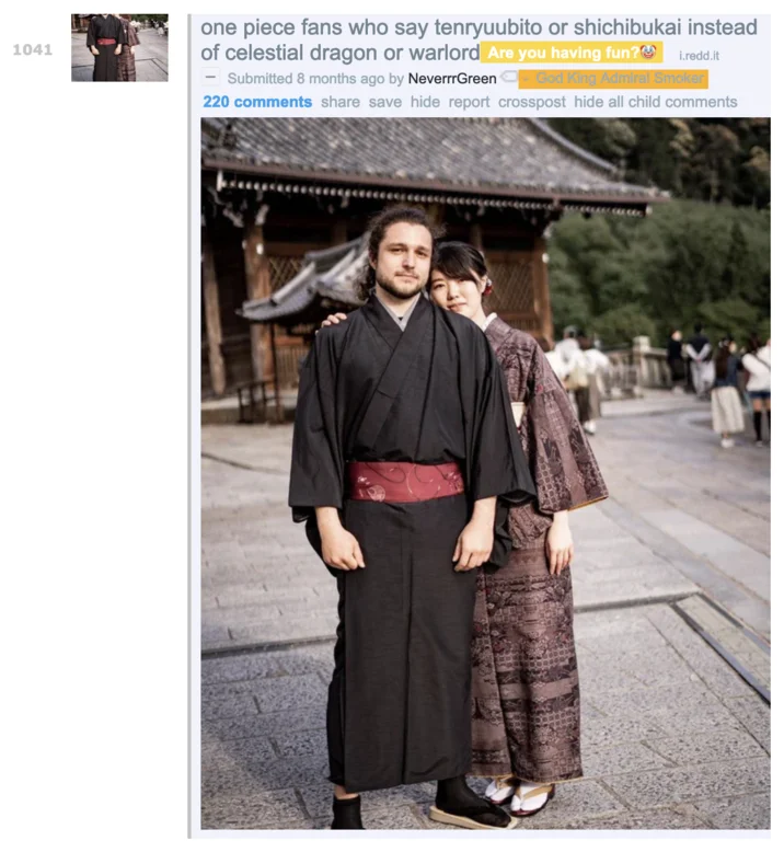 A Reddit post applying the meme to One Piece fans who prefer Japanese terminology over English dub names.